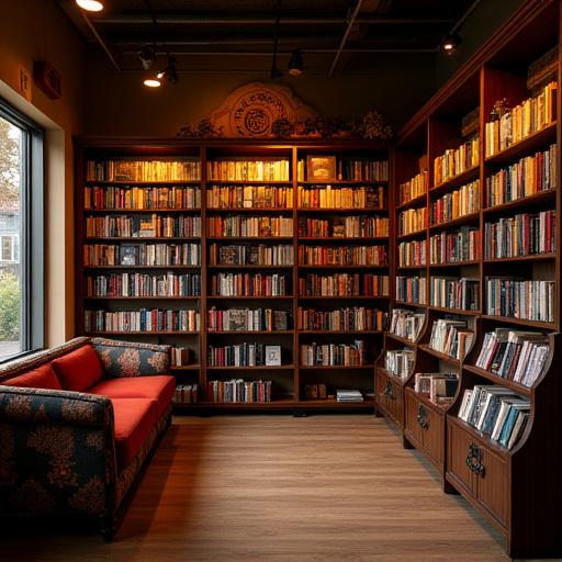 The cozy and well-lit interior of the Volcano Volumes bookshop, with shelves full of books.